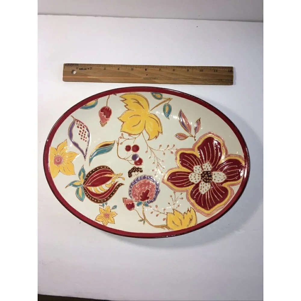 Dutch Wax Floral Platter Artistic Accents Embossed Red Flower Ceramic Coastline - Picture 4 of 4